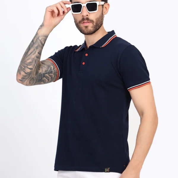 PSI Men Solid Polo Neck Cotton Blend Blue T-Shirt