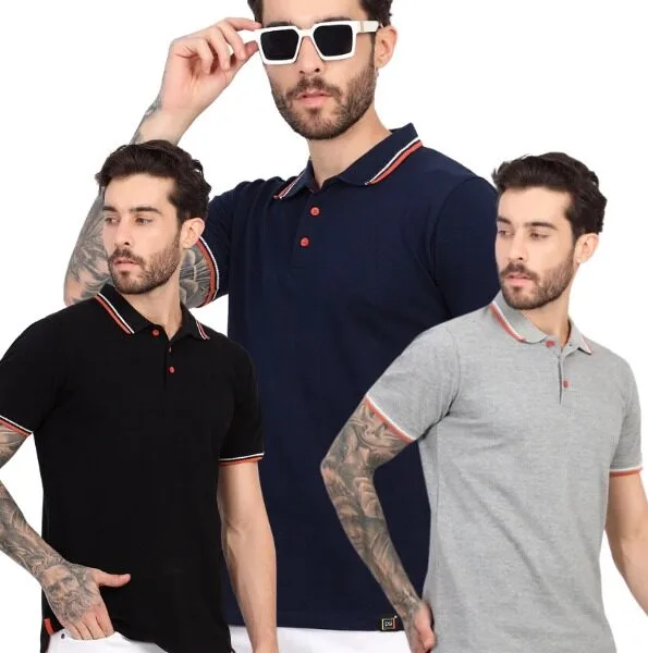 Men Solid Polo Neck Cotton Blend T-Shirt Pack Of 3
