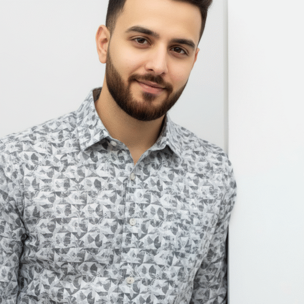 “Male model wearing PSI grey and black abstract printed full-sleeve cotton shirt”