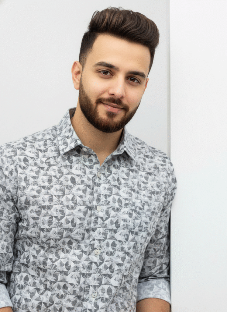 “Male model wearing PSI grey and black abstract printed full-sleeve cotton shirt”