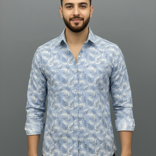 Light blue men's floral print shirt front view