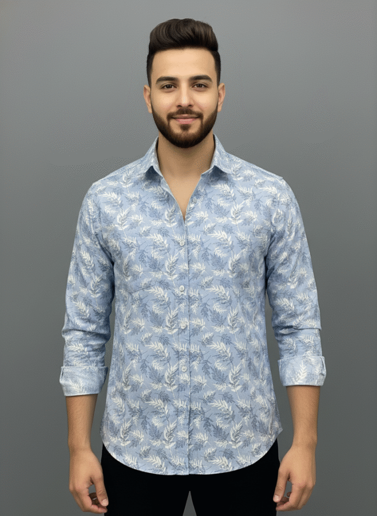 Light blue men's floral print shirt front view