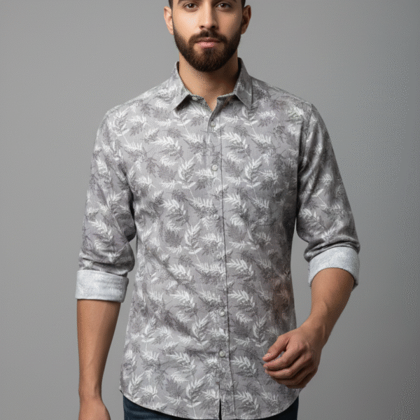 Light blue men's floral print shirt front view