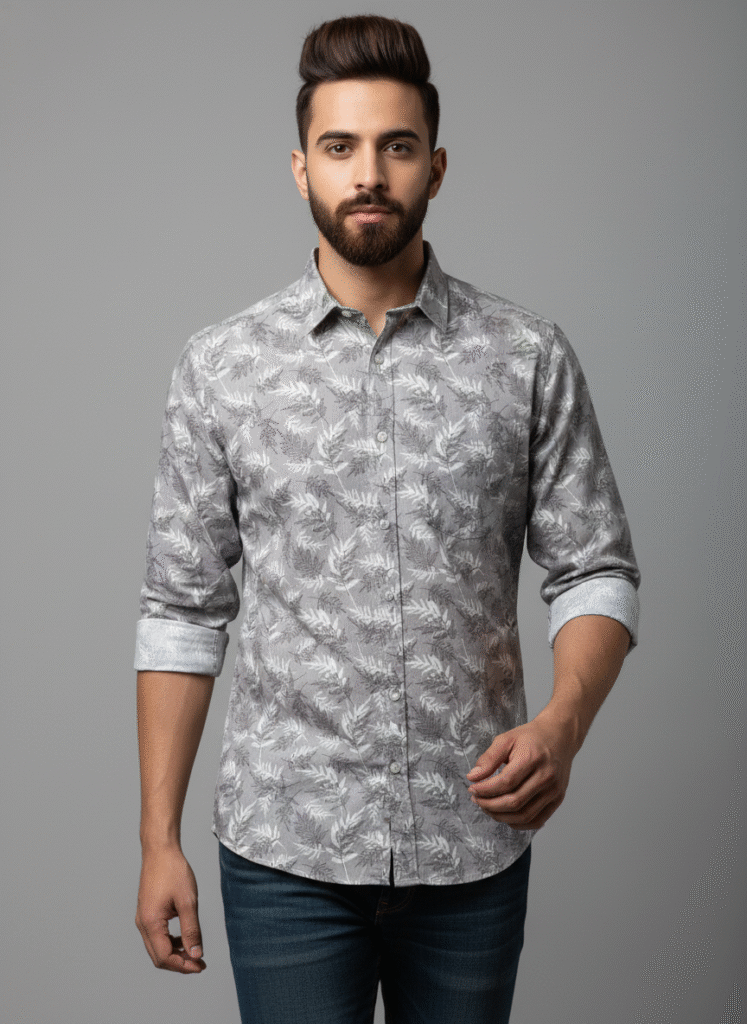 Light blue men's floral print shirt front view