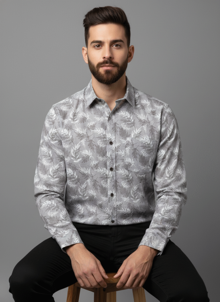 Men's blue floral printed shirt front view