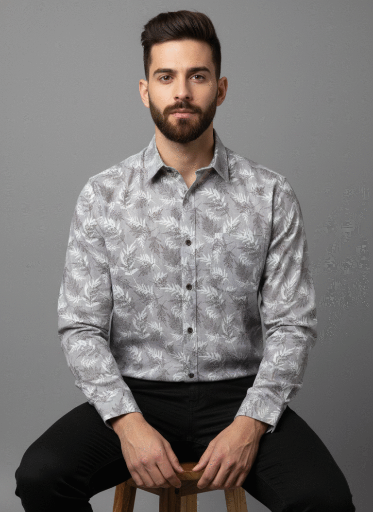 Men's blue floral printed shirt front view