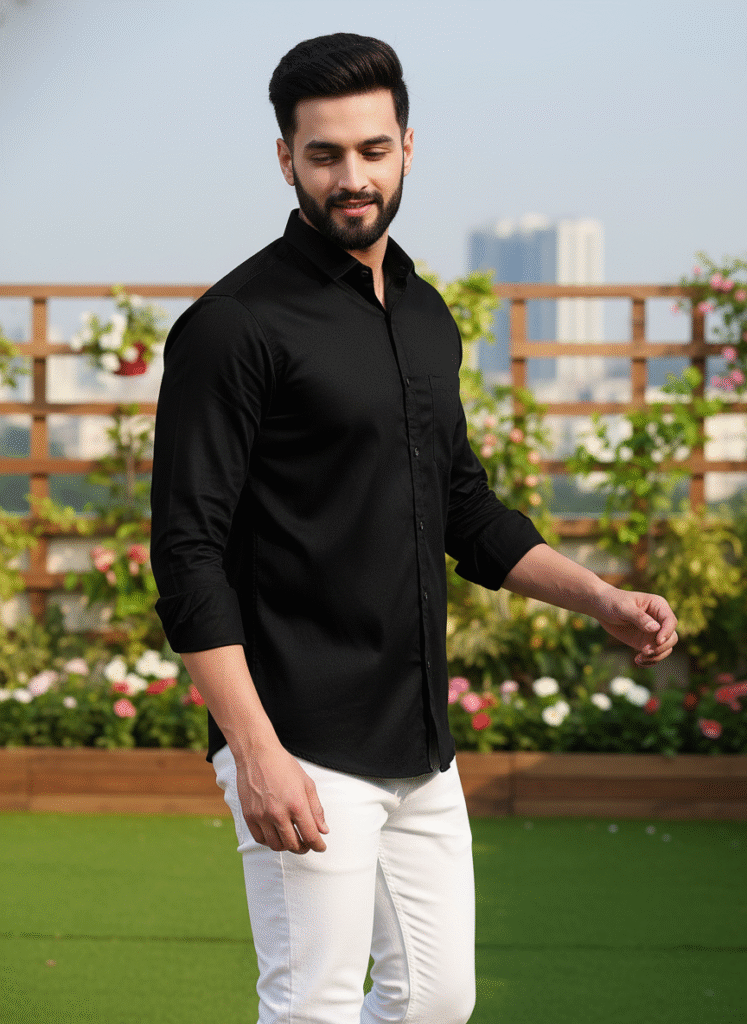 PSI black cotton shirt for men – premium solid full sleeve regular fit shirt