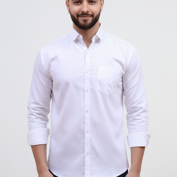 White Pure Cotton Shirt for Men – front and side view