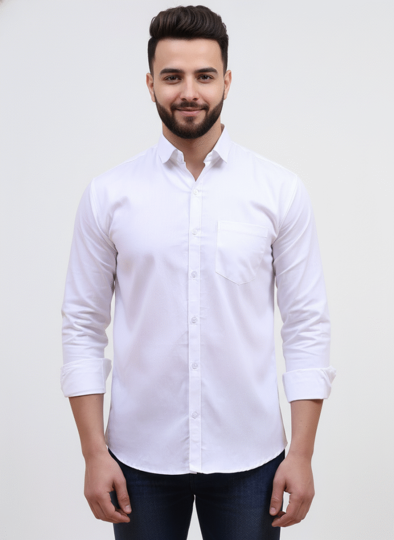 White Pure Cotton Shirt for Men – front and side view