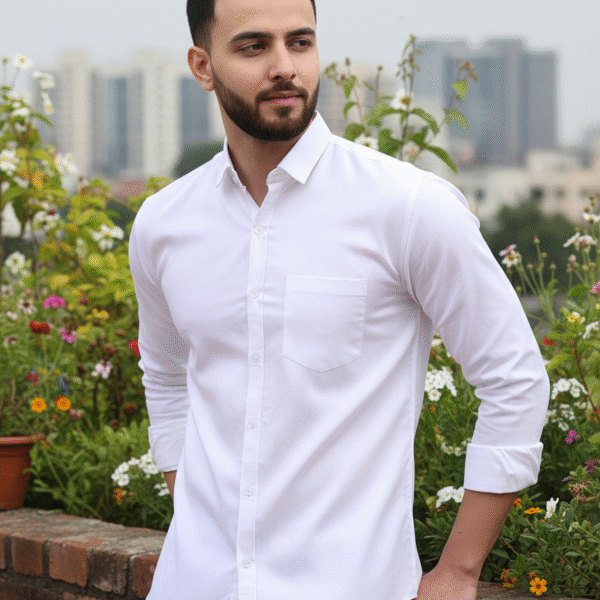 White Pure Cotton Shirt for Men – front, back, side & close-up by PSI