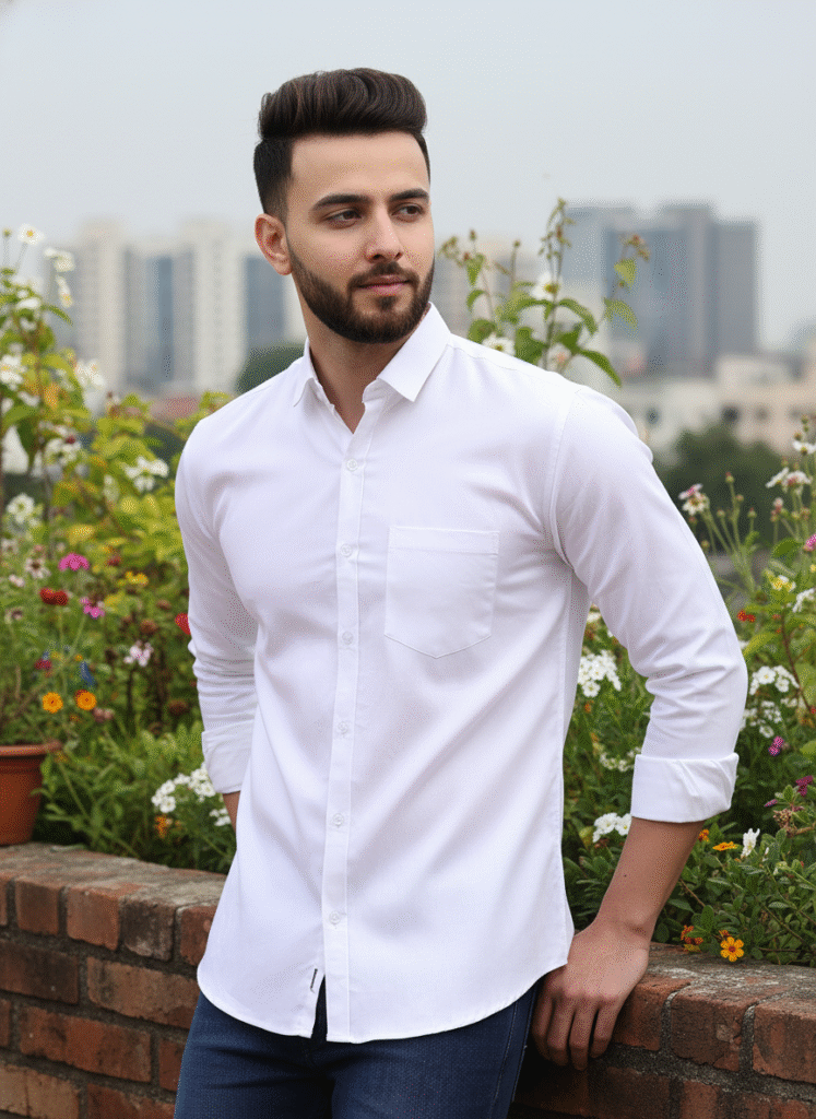White Pure Cotton Shirt for Men – front, back, side & close-up by PSI