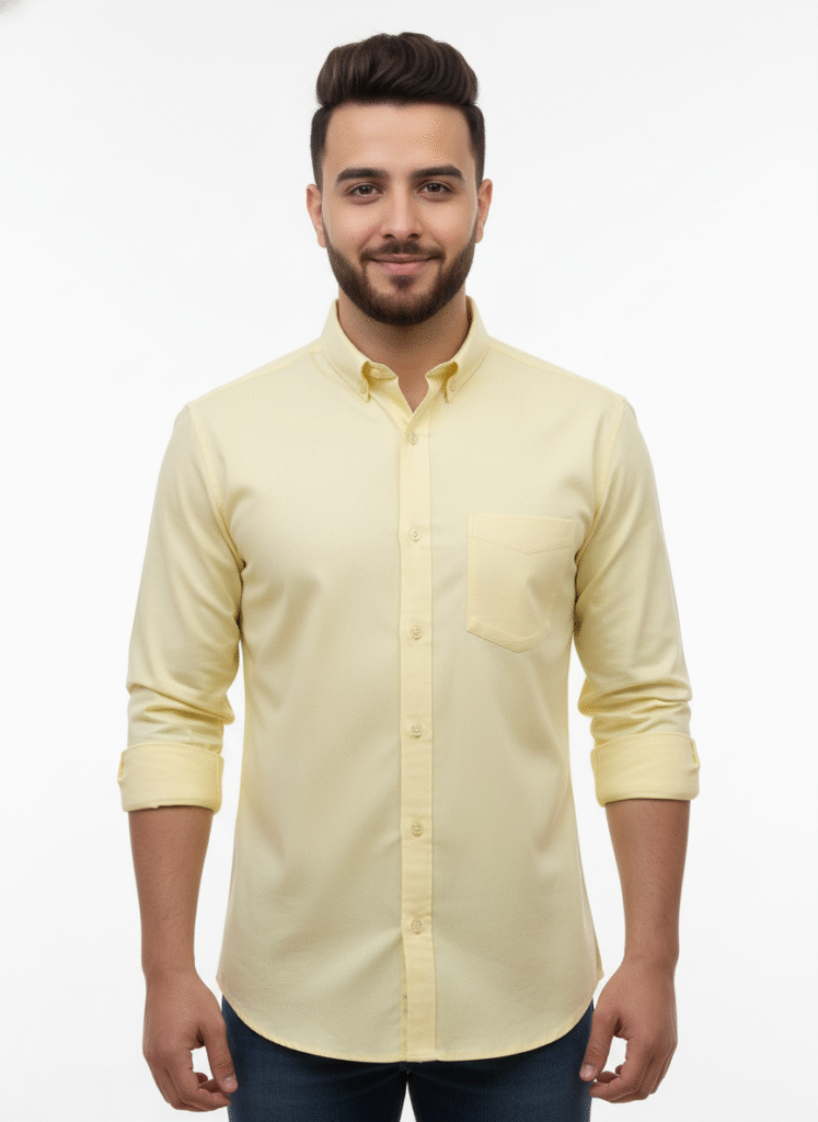 Yellow Pure Cotton Shirt for Men – front view showing fit and design