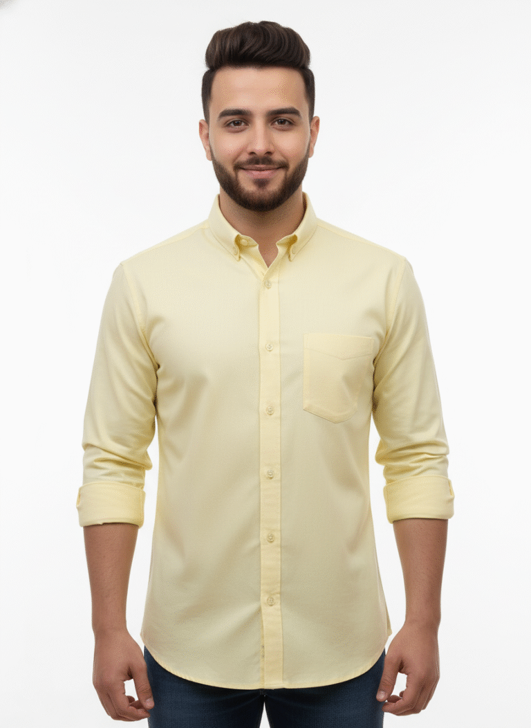 Yellow Pure Cotton Shirt for Men – front view showing fit and design