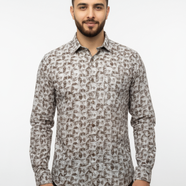 Men’s Beige & Brown Printed Full Sleeve Casual Shirt – PSI