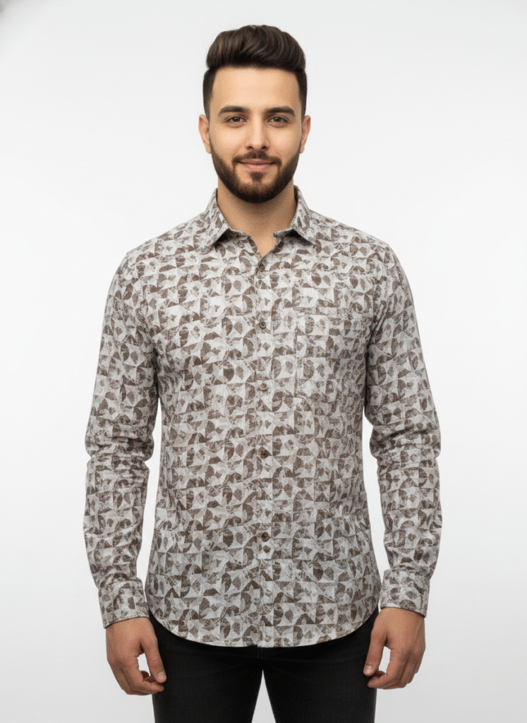 Men’s Beige & Brown Printed Full Sleeve Casual Shirt – PSI