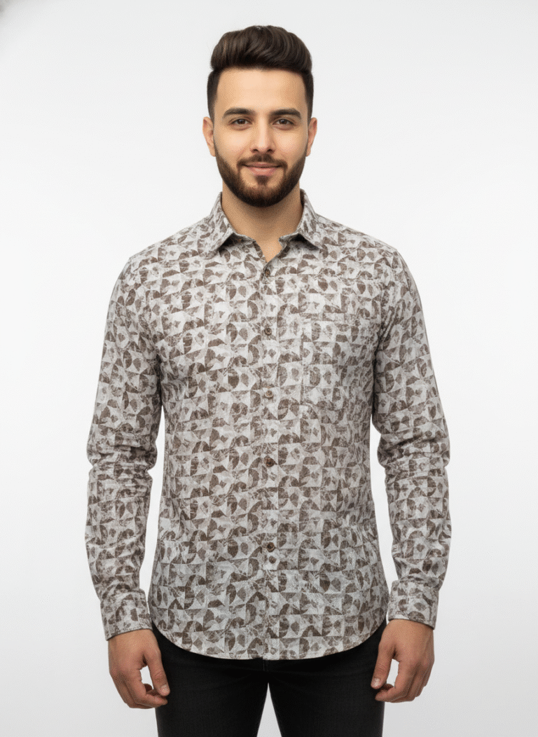 Men’s Beige & Brown Printed Full Sleeve Casual Shirt – PSI