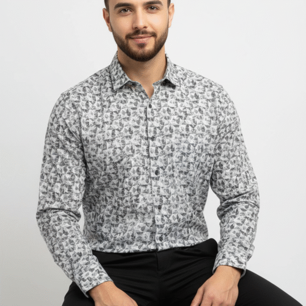 “Male model wearing PSI grey and black abstract printed full-sleeve cotton shirt”