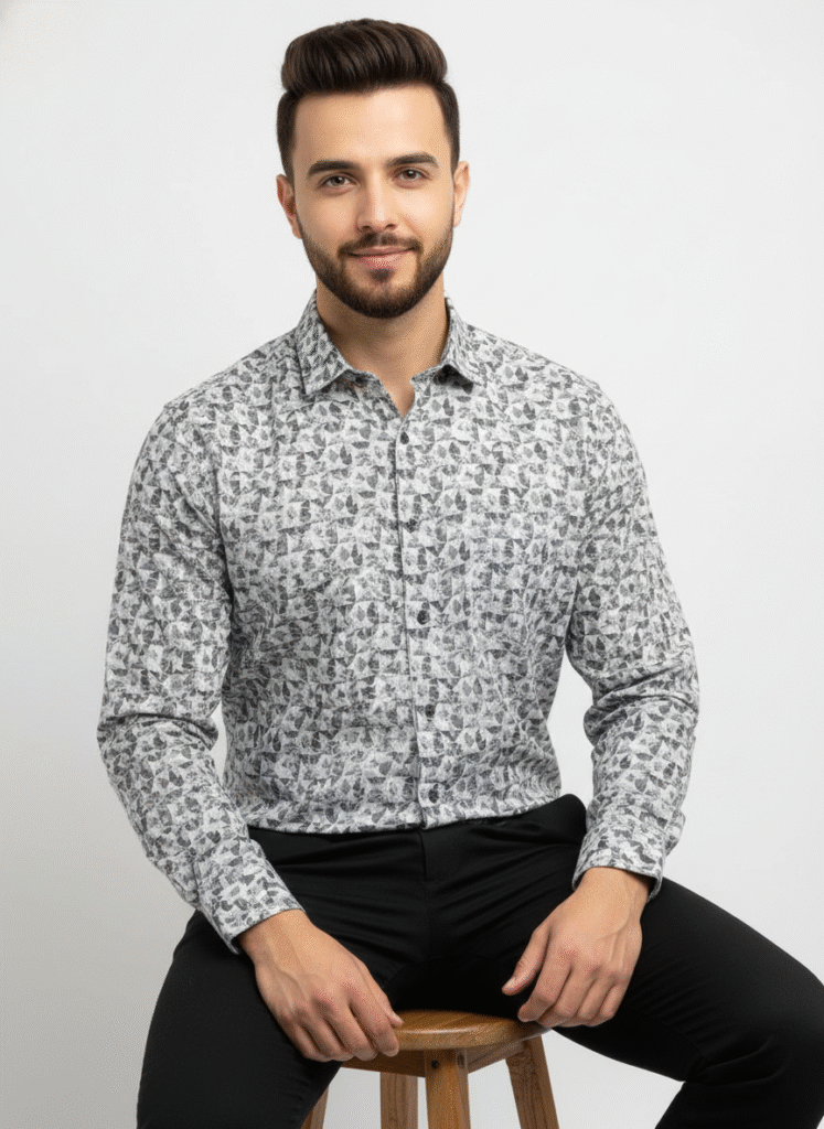 “Male model wearing PSI grey and black abstract printed full-sleeve cotton shirt”