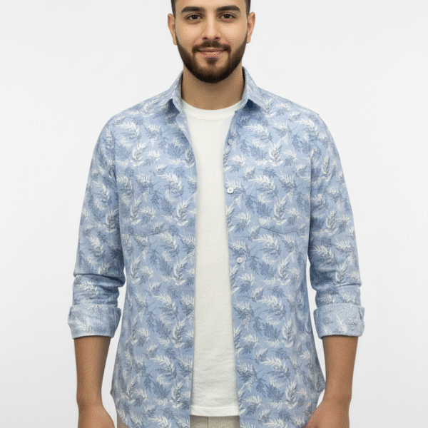 Men's blue floral printed shirt front view