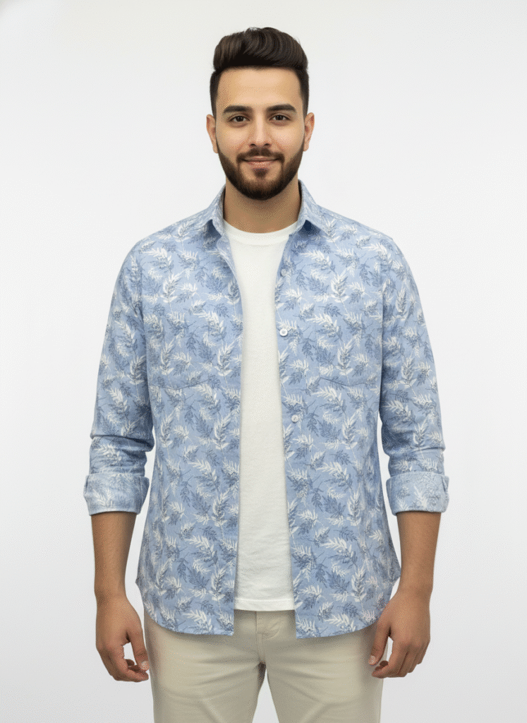 Men's blue floral printed shirt front view