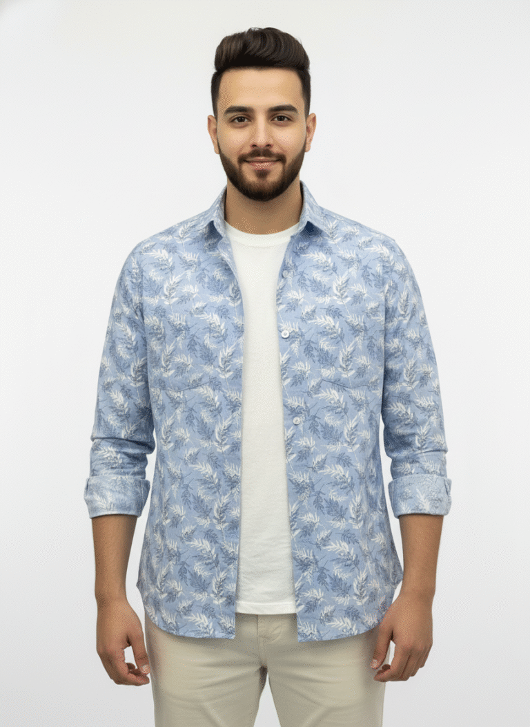 Men's blue floral printed shirt front view