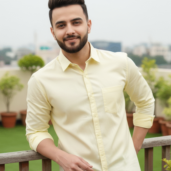Yellow Pure Cotton Shirt for Men – front view showing fit and design
