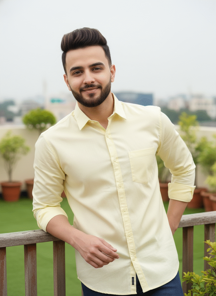 Yellow Pure Cotton Shirt for Men – front view showing fit and design