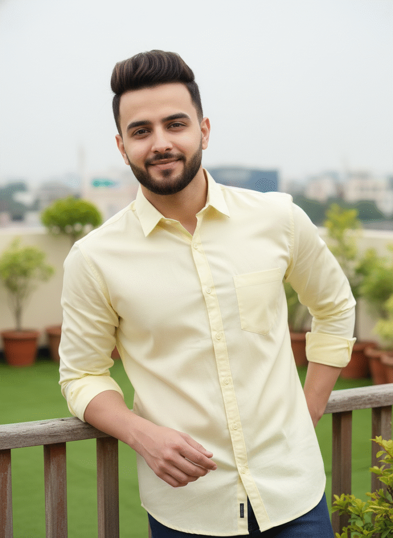 Yellow Pure Cotton Shirt for Men – front view showing fit and design