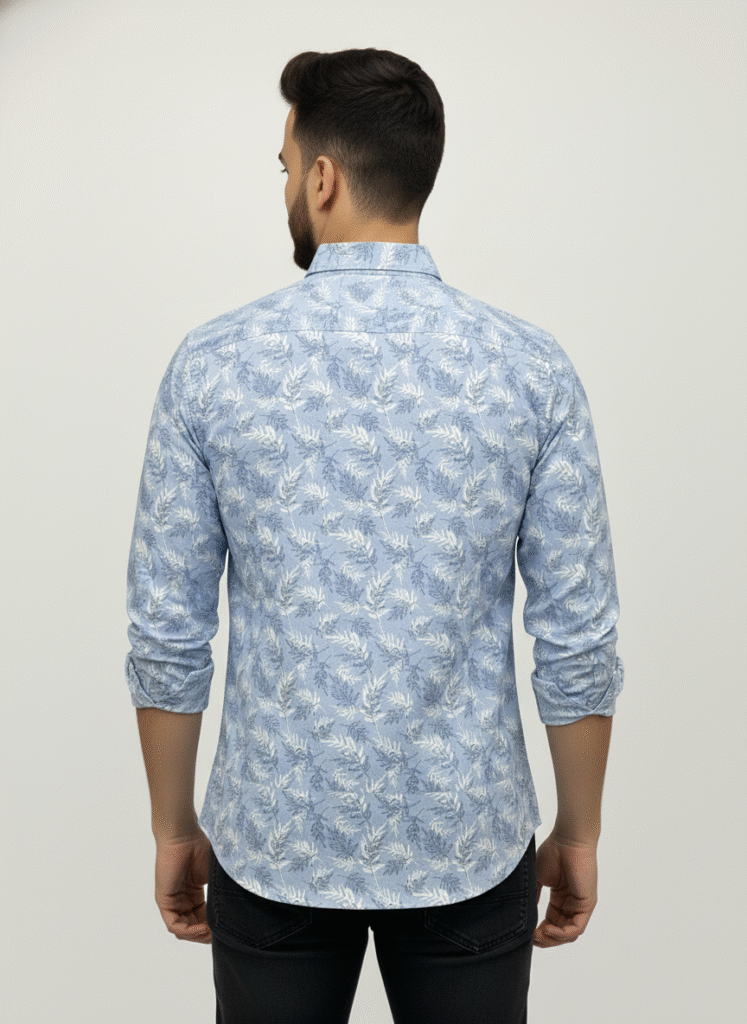 Men's blue floral printed shirt back view