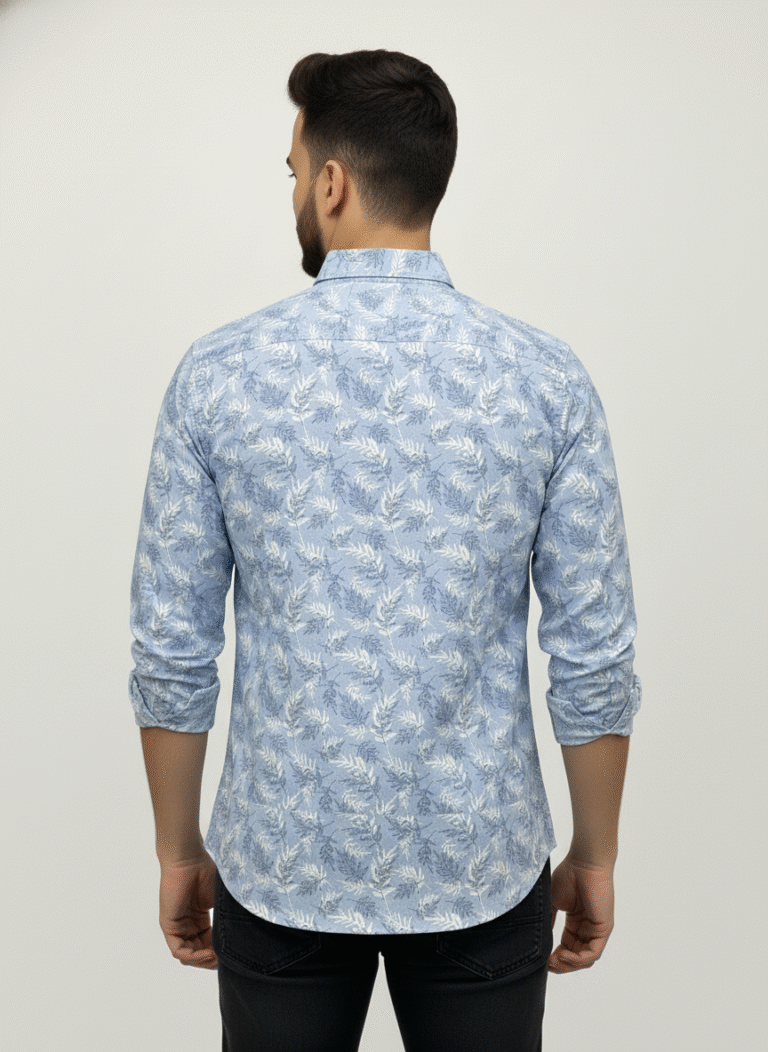 Men's blue floral printed shirt back view