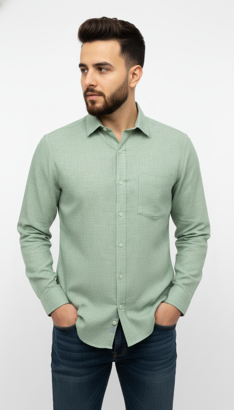 Pure Linen Mint Green Shirt Front View – Men’s Full Sleeve