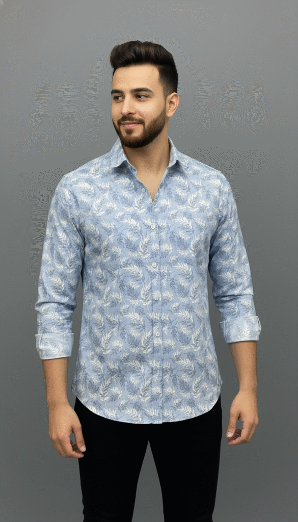 Light blue men's floral print shirt front view
