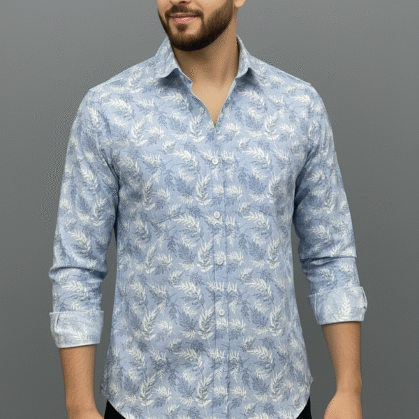 Light blue men's floral print shirt front view