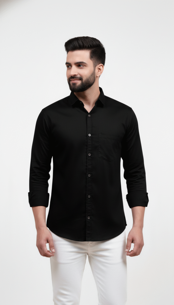 PSI black cotton shirt for men – premium solid full sleeve regular fit shirt