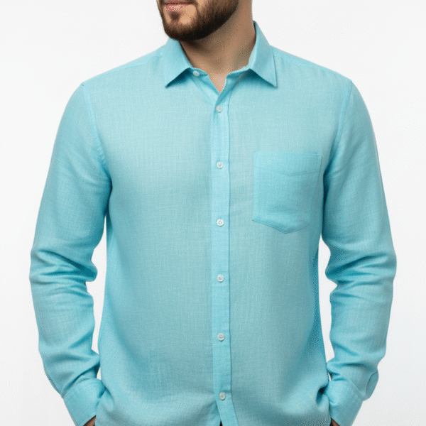 Front view of PSI men’s pure linen mint green full-sleeve shirt with chest pocket.