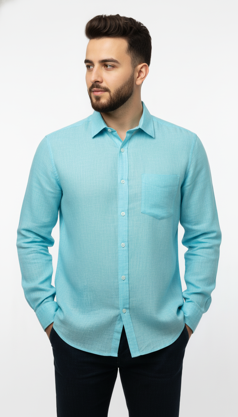Front view of PSI men’s pure linen mint green full-sleeve shirt with chest pocket.